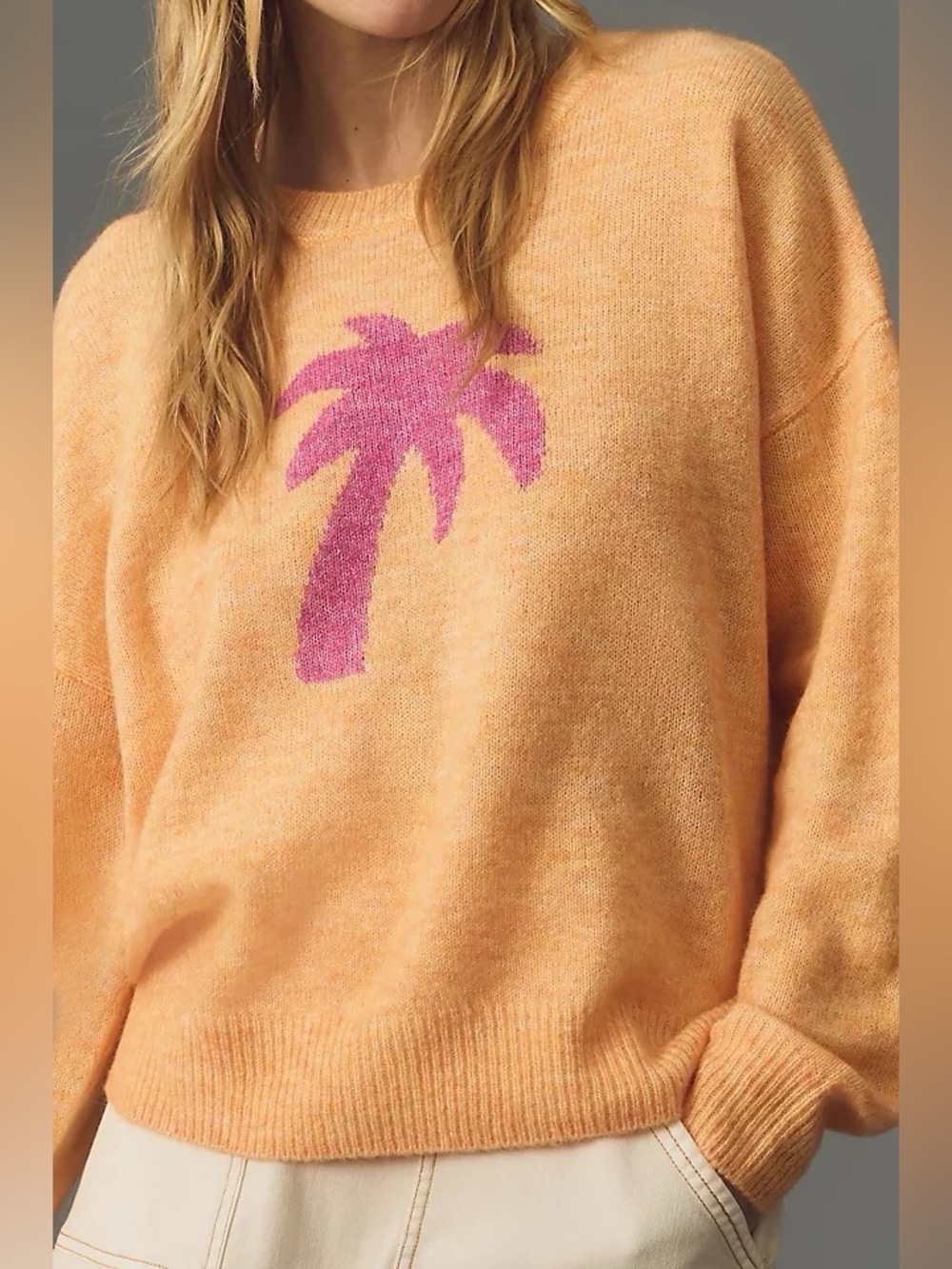 Sundry Crewneck Palm Tree Pink Orange Wool Blend Sweater in Size Medium